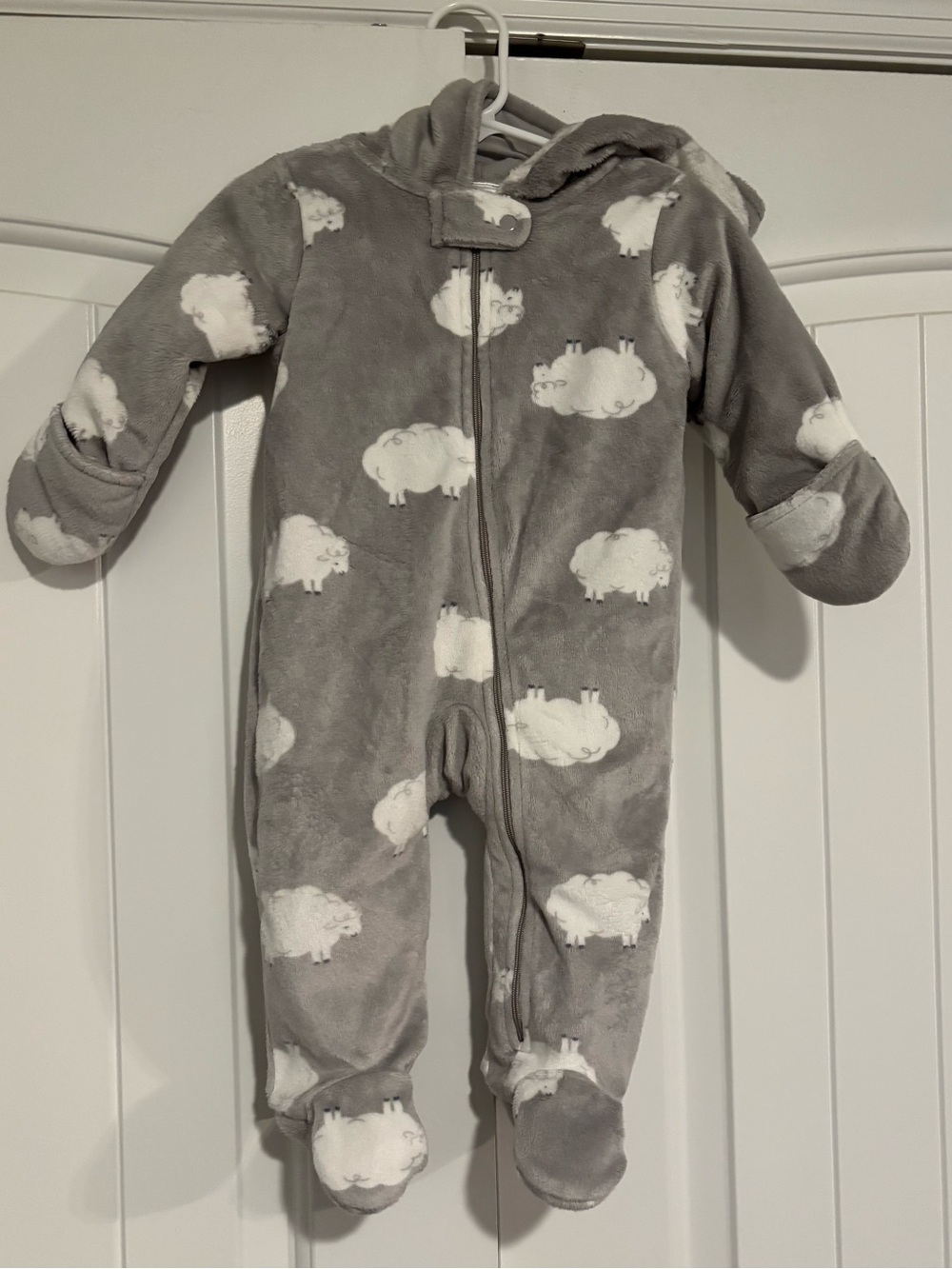Cozy Grey Sheep Print One-Piece Footed Bunting